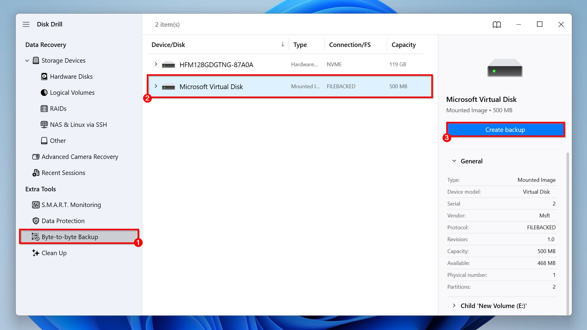 Select the drive to back up using Disk Drill.
