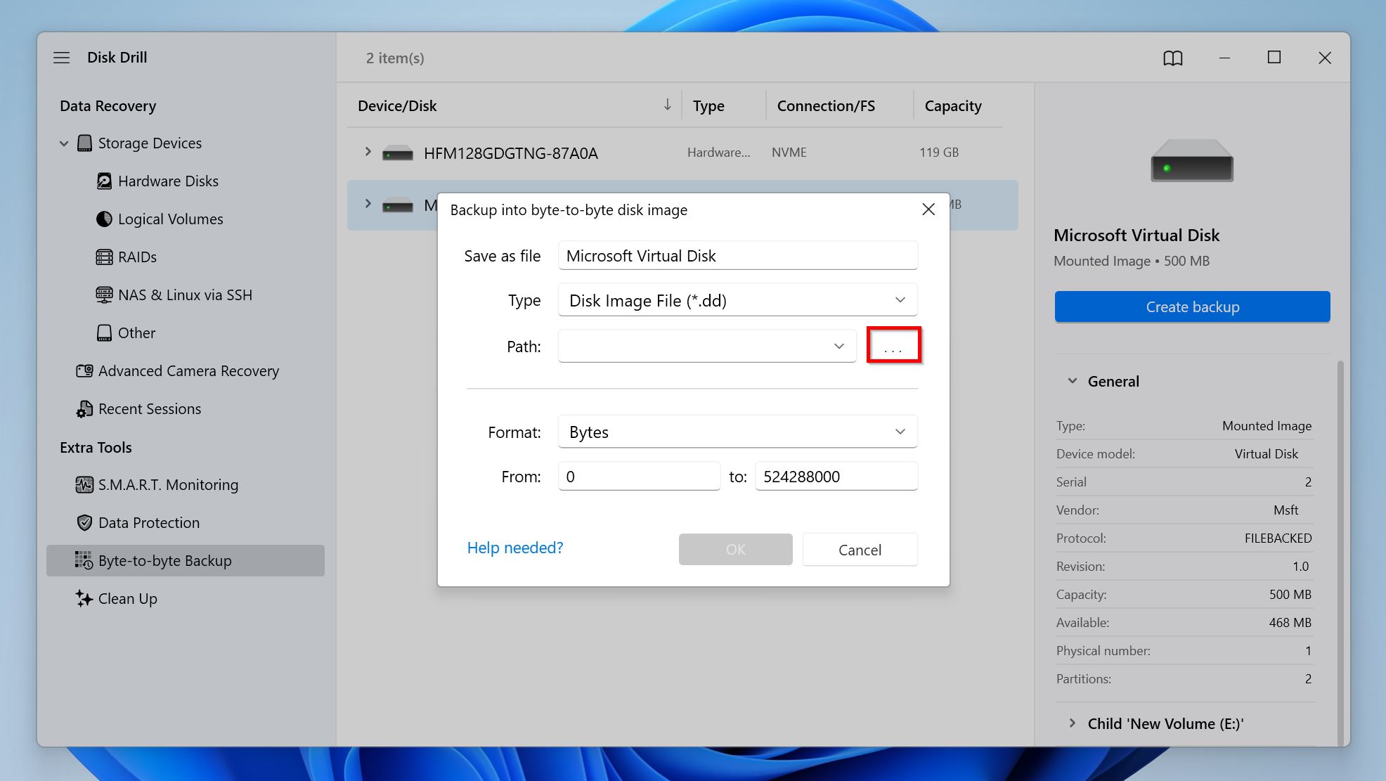 Disk image save destination prompt.