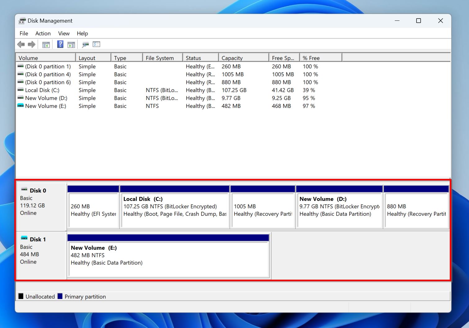 List of drives in Disk Management.
