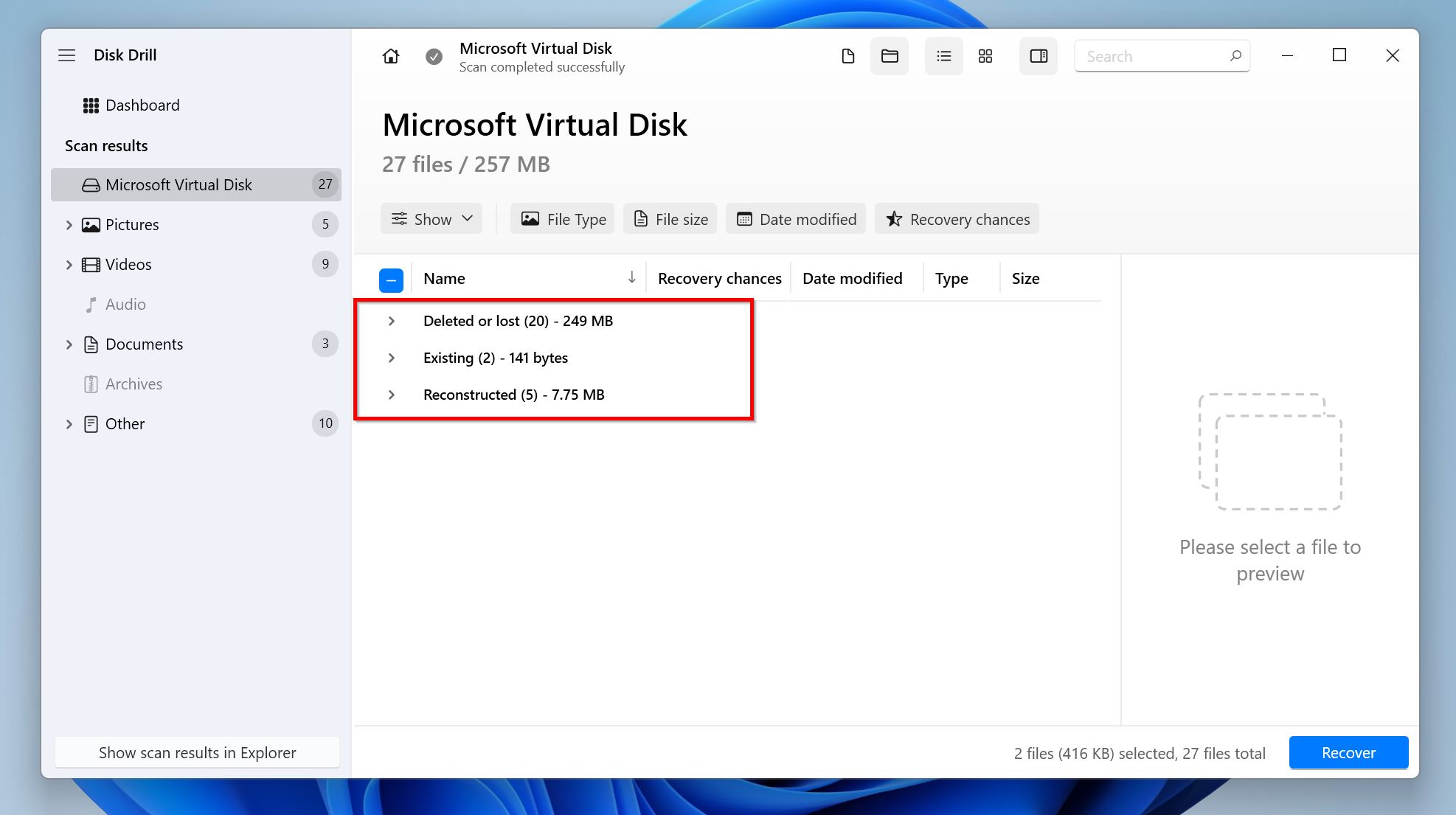 Recoverable file categories in Disk Drill.