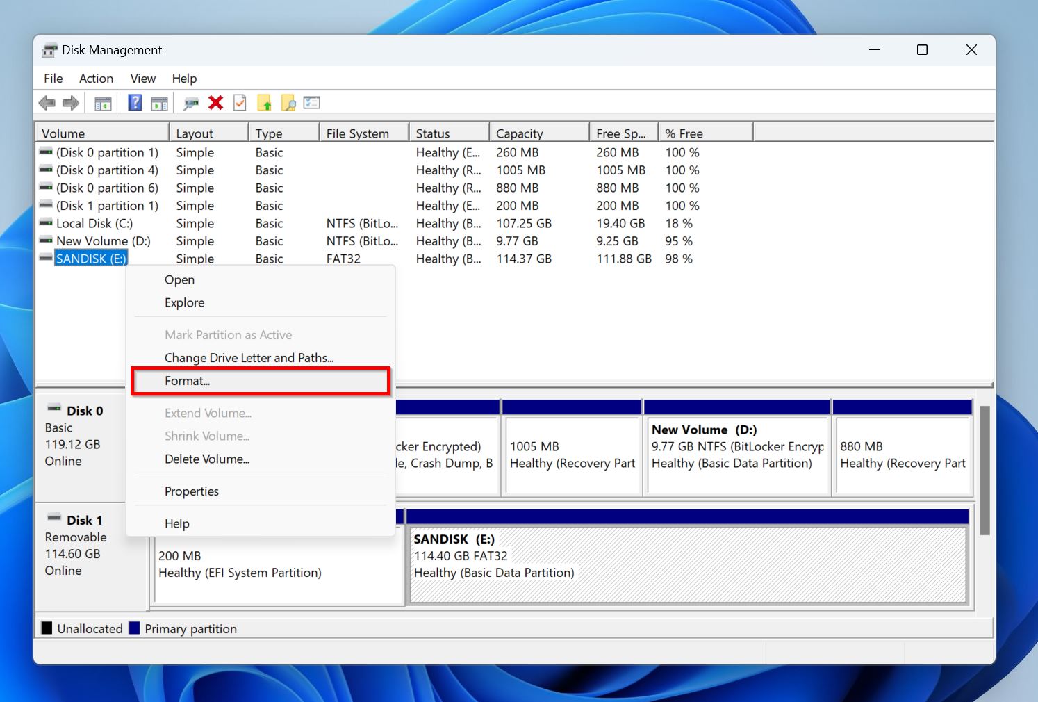 Format option in Disk Management.