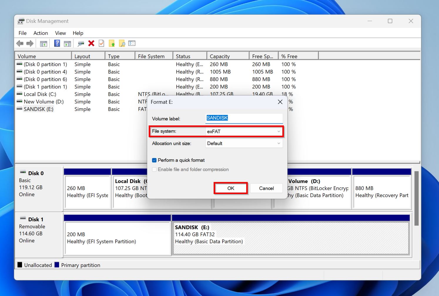 Format parameters in Disk Management.