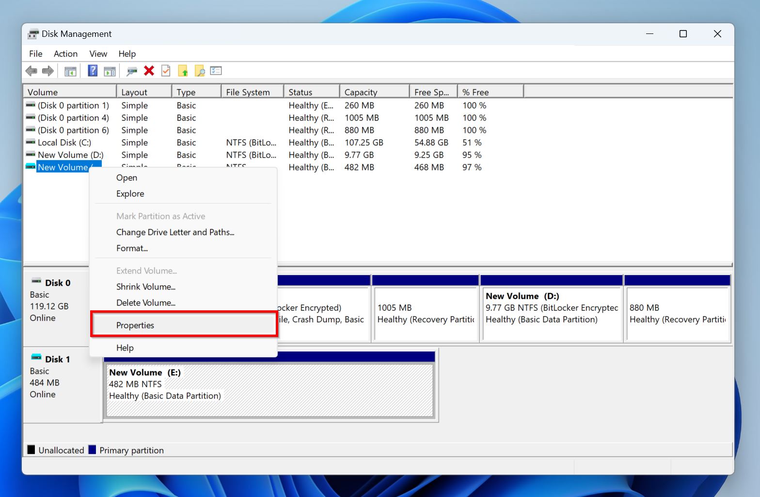 Properties option in the context menu of a drive in Disk Management.