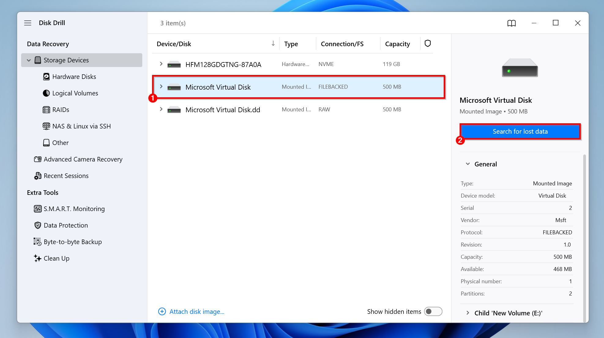 Search for lost data option in Disk Drill.