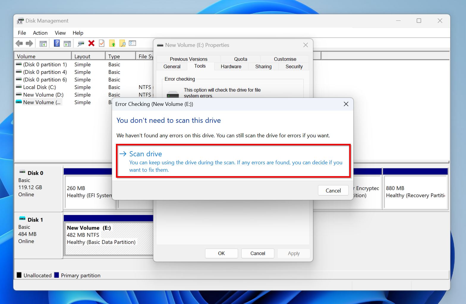 Scan drive prompt in the Error Checking feature.