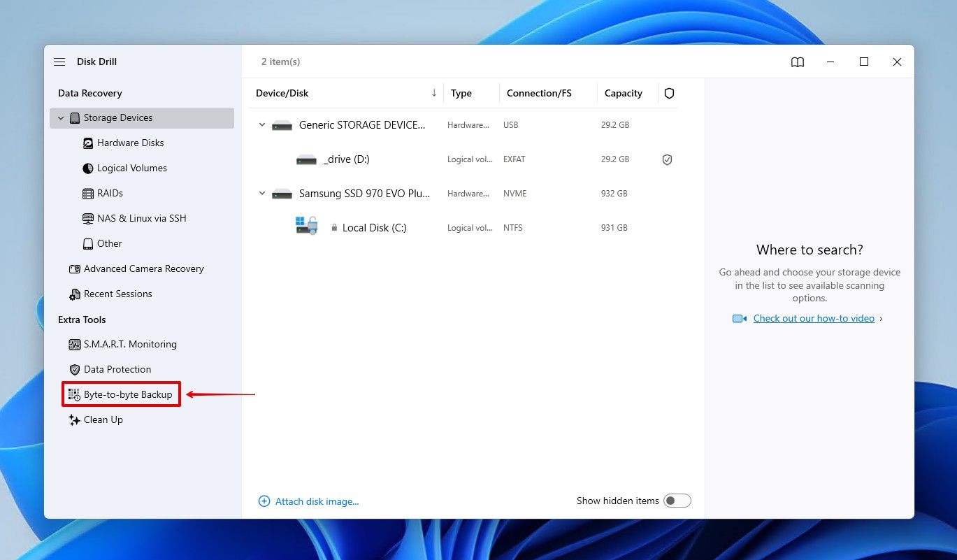 Accessing the byte-to-byte backup feature.