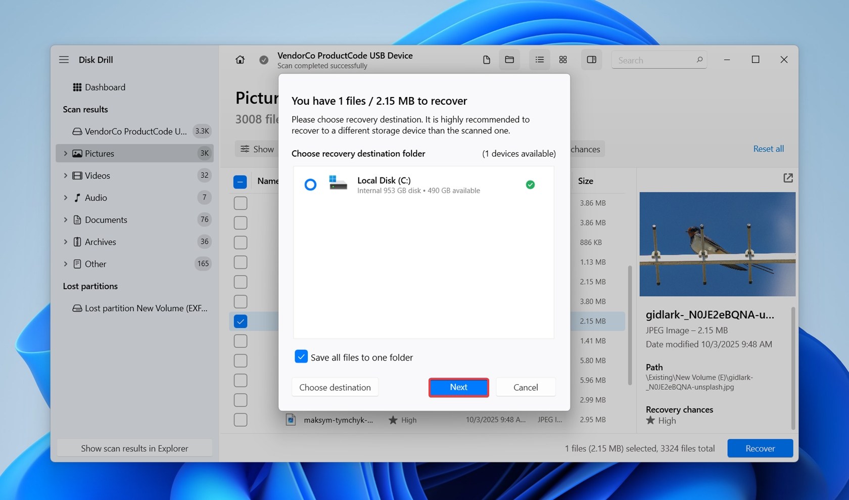 Choose a recovery destination.