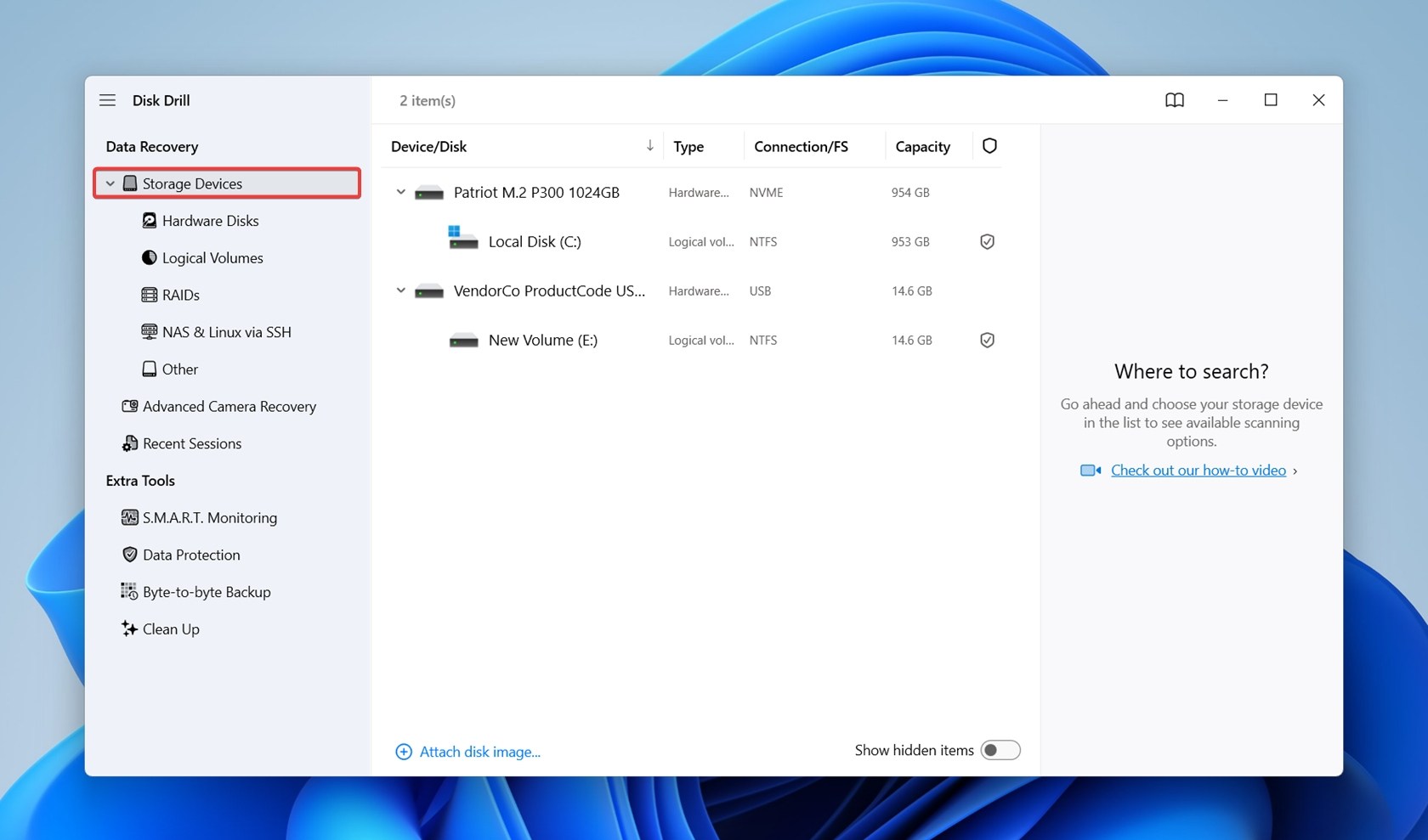 Storage Devices screen.
