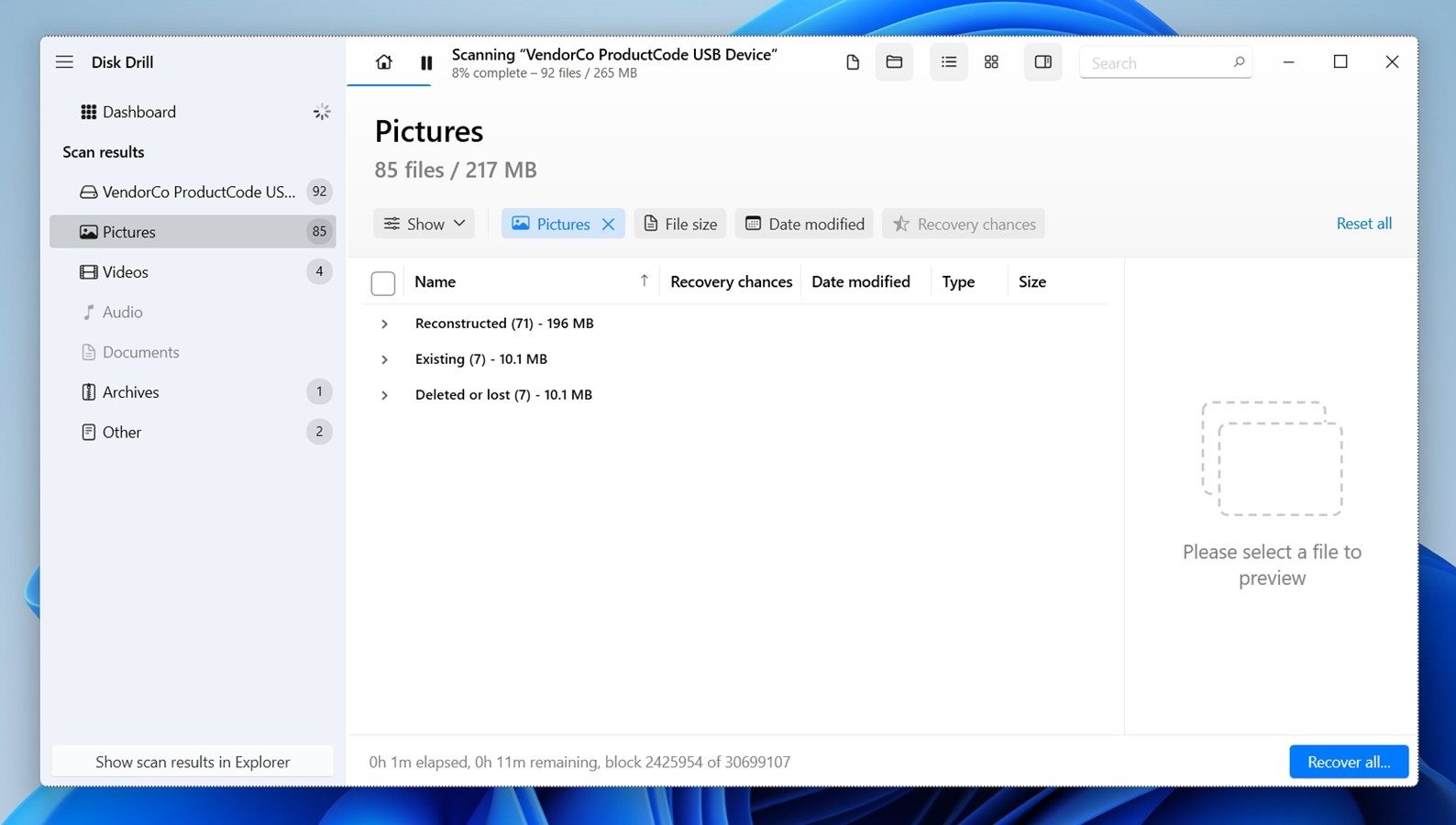 The categories of files