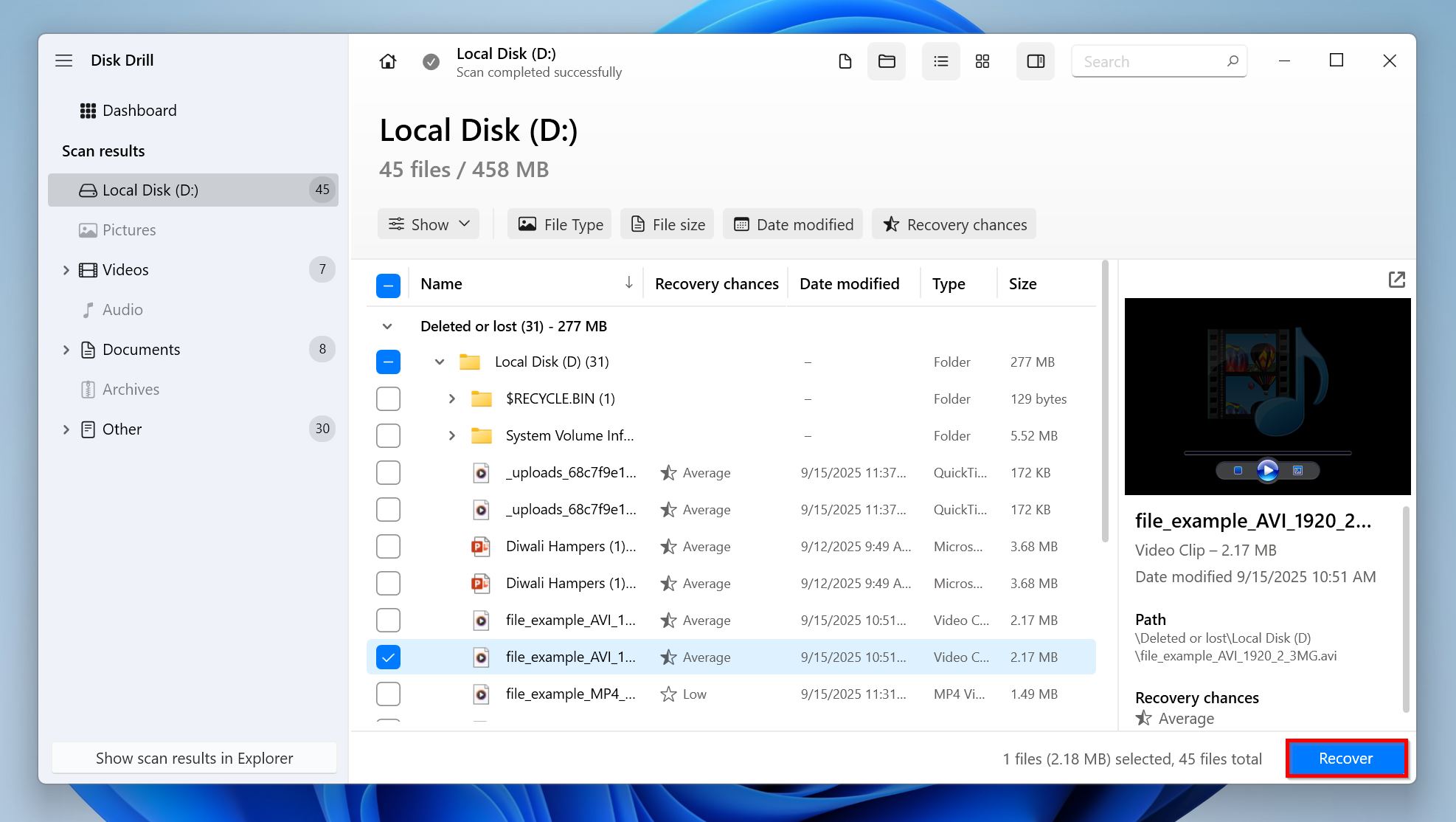 List of recoverable files in Disk Drill.