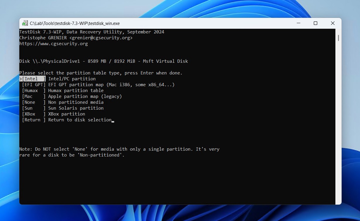 Selecting a partition table type.