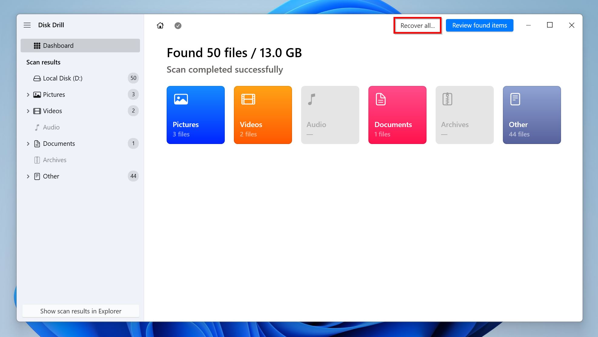 Recover All option in Disk Drill.