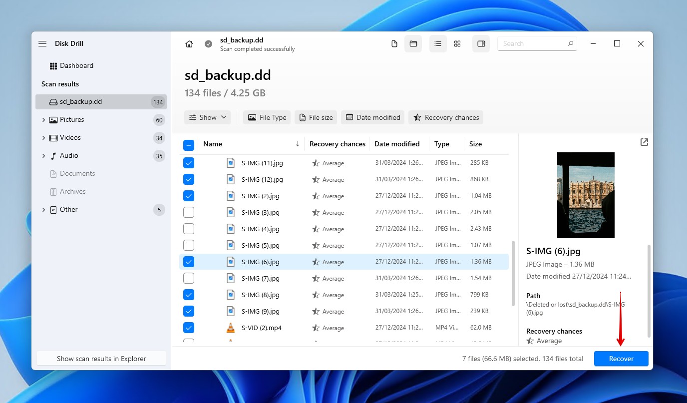 Recovering the selected SD card data.