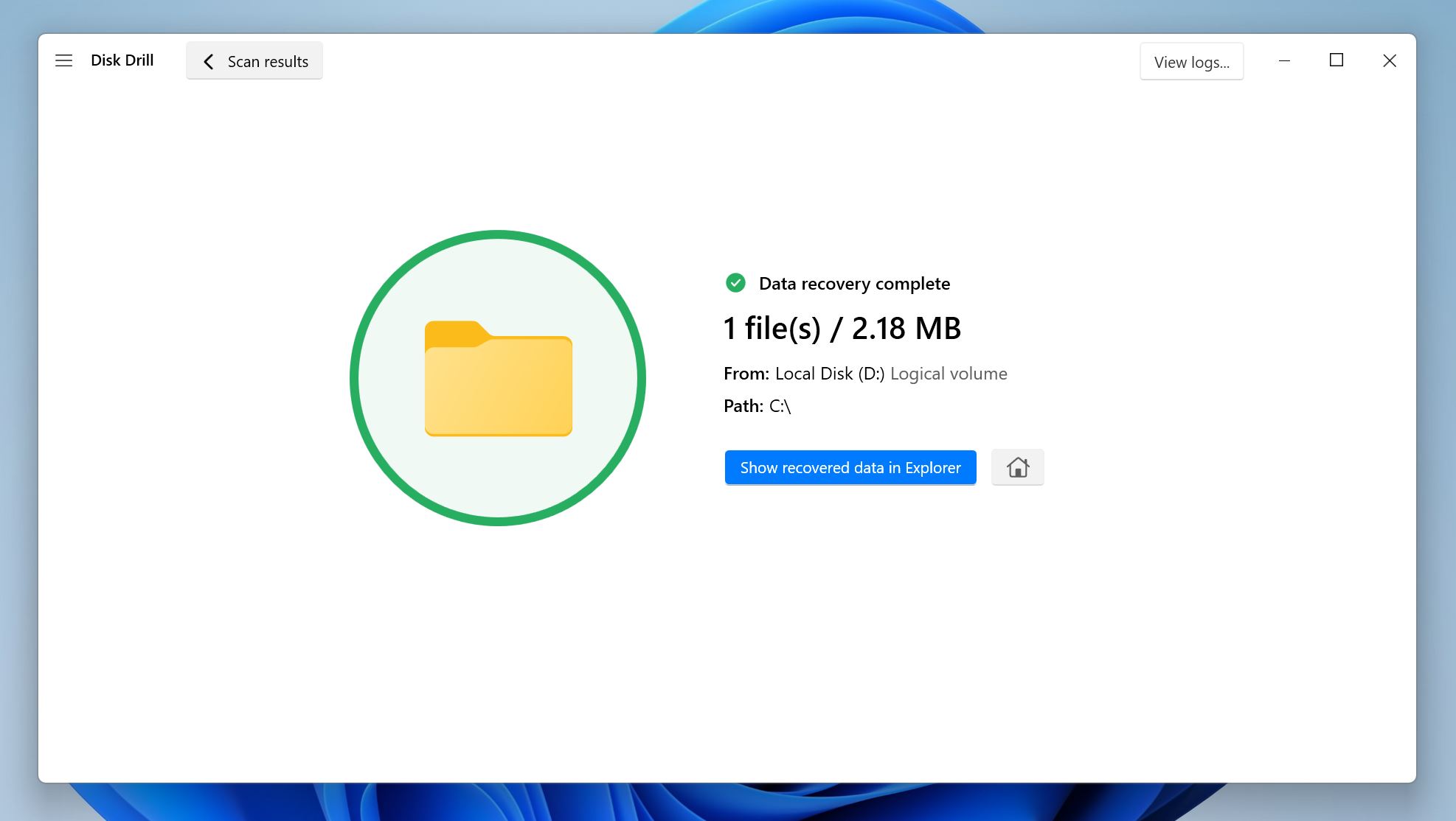 Recovery complete screen in Disk Drill.