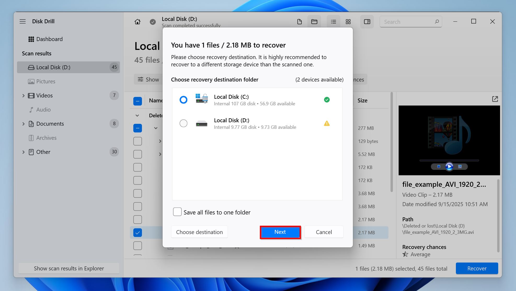 Recovery destination prompt in Disk Drill.