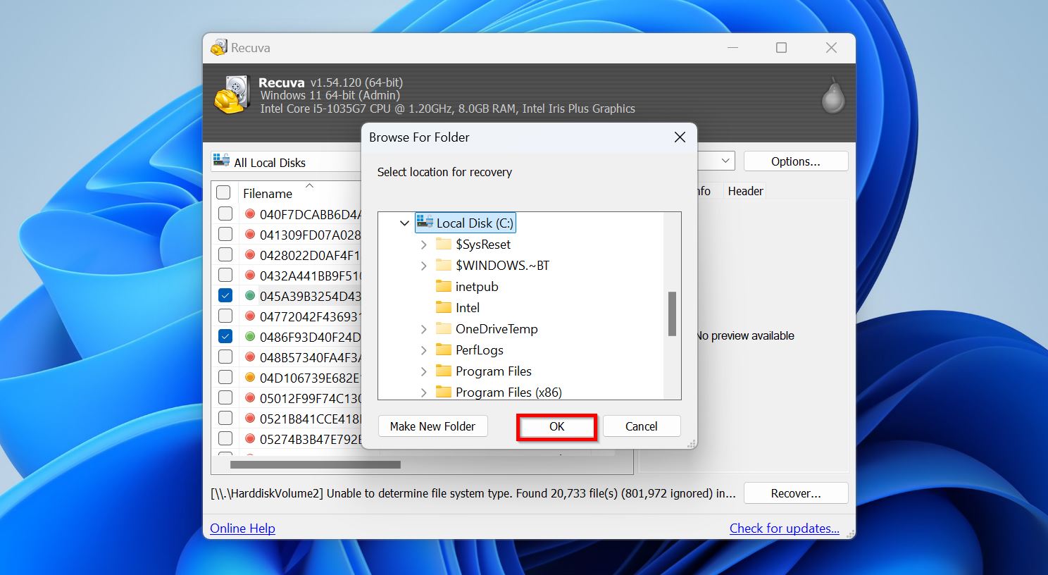 Recovery destination prompt in Recuva.