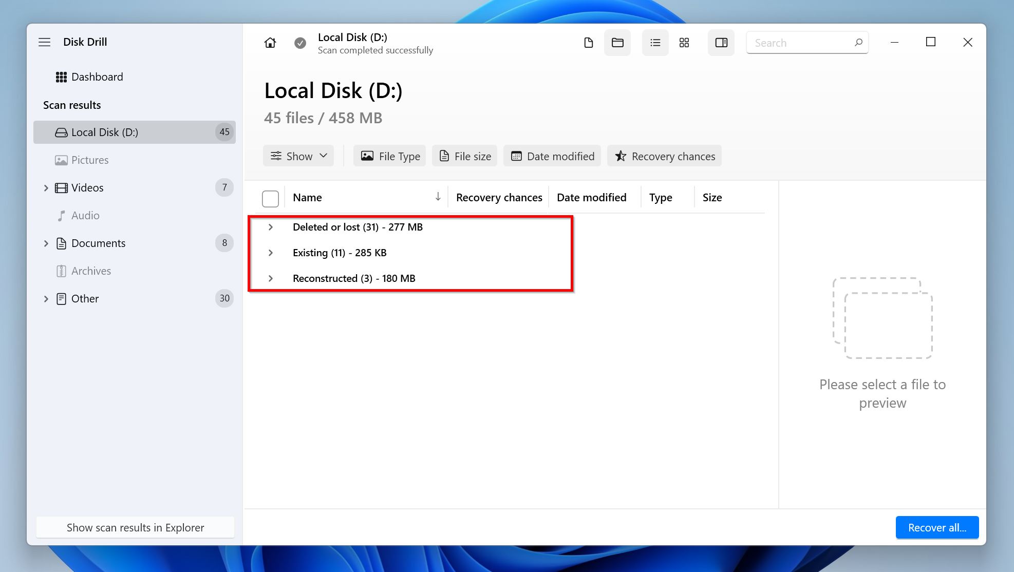 Types of recovery sections in Disk Drill.