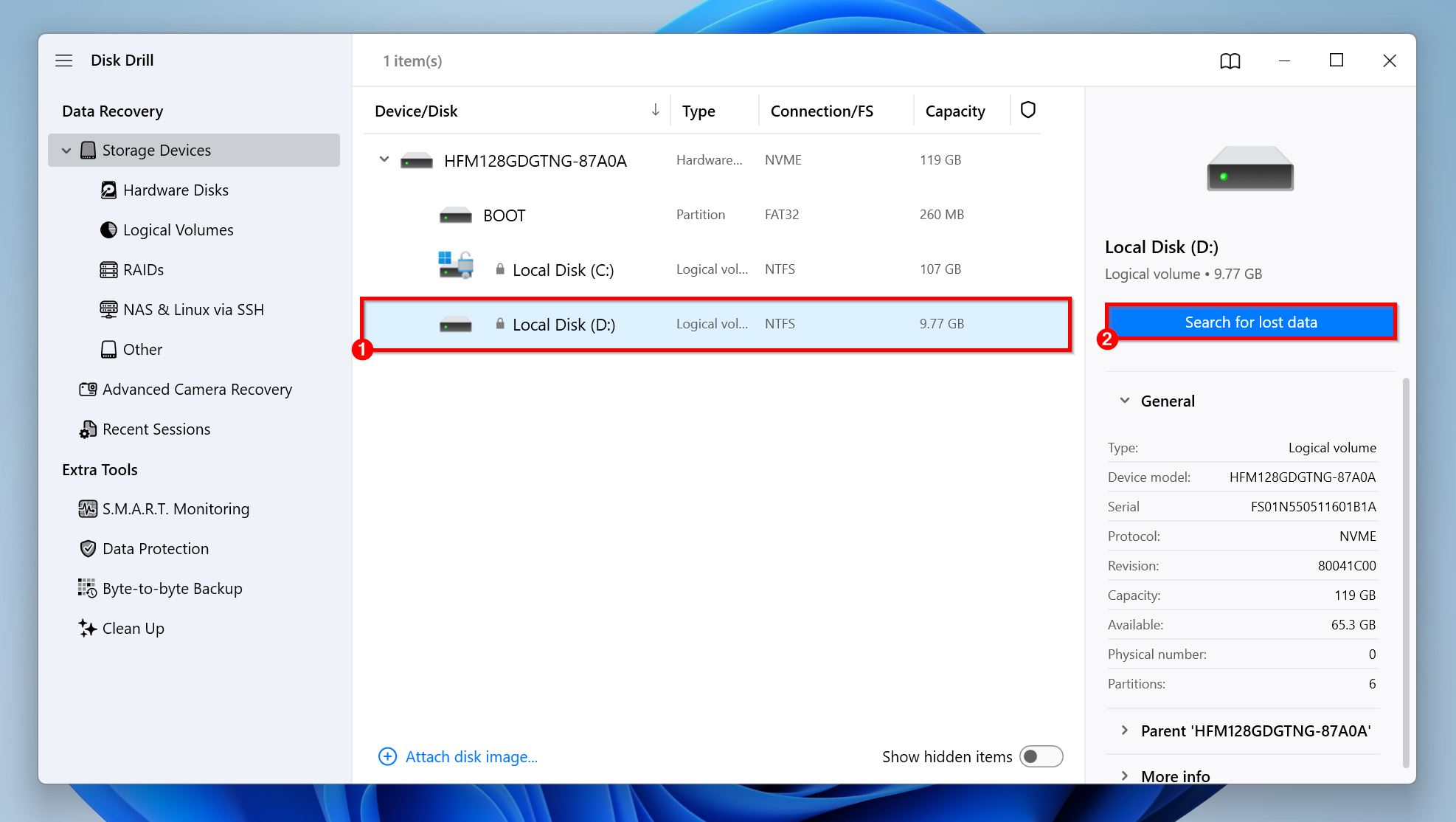 List of storage drives in Disk Drill.