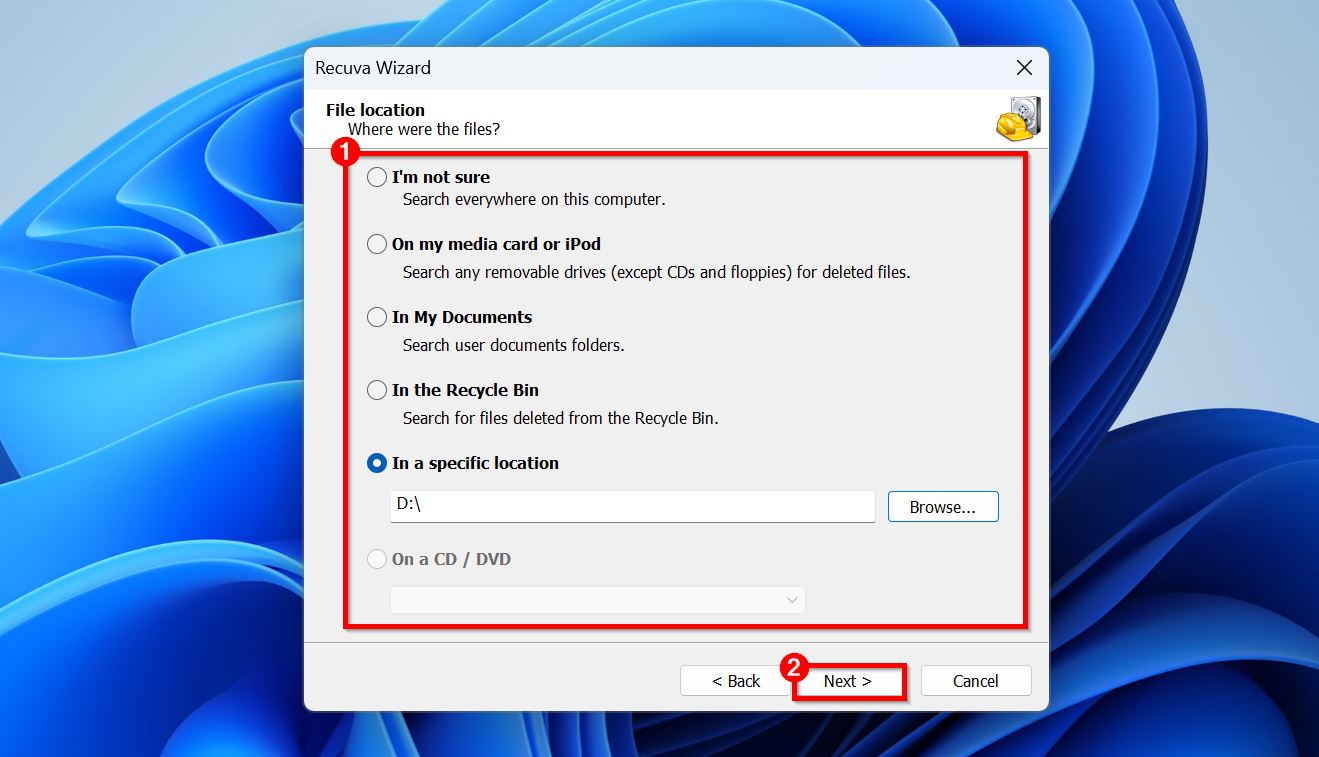 Select scan location in Recuva.