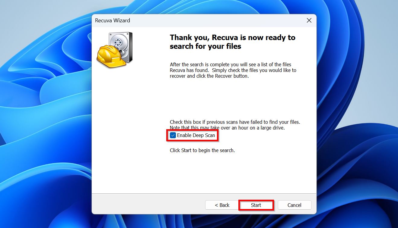 Start scan option in Recuva.