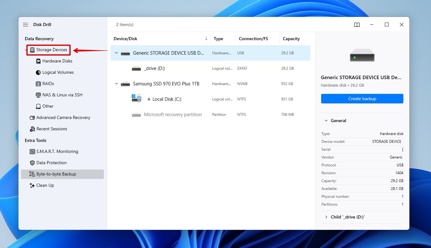The Storage Devices section.