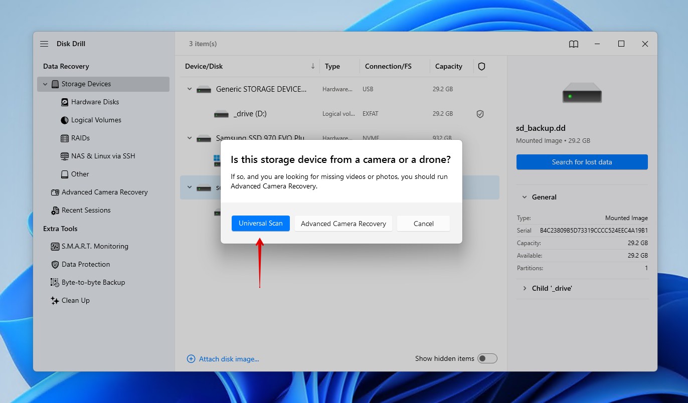 Scanning the SD card with a Universal Scan.