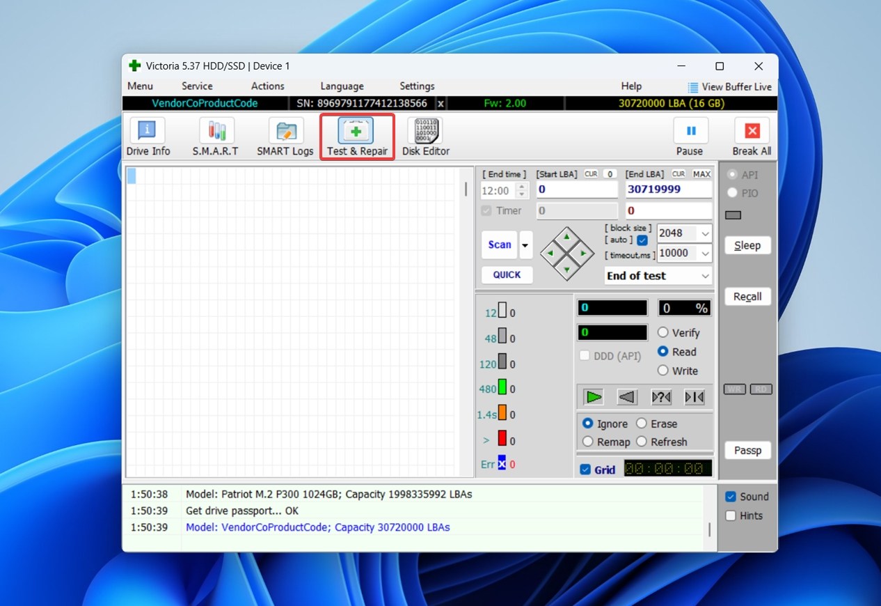 Click on the Test & Repair