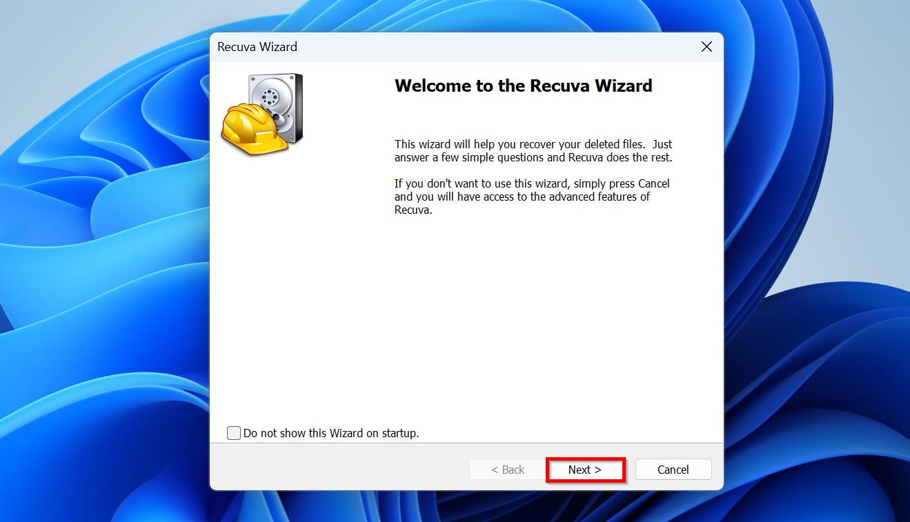 Recuva welcome screen.