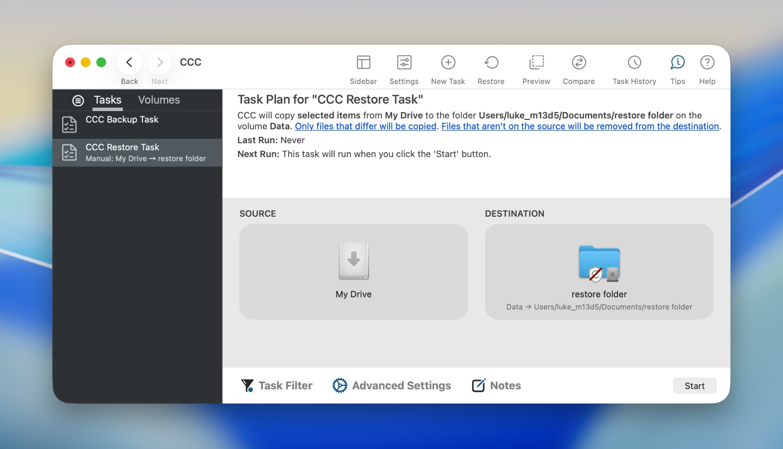 Selecting files and folders to restore from a backup