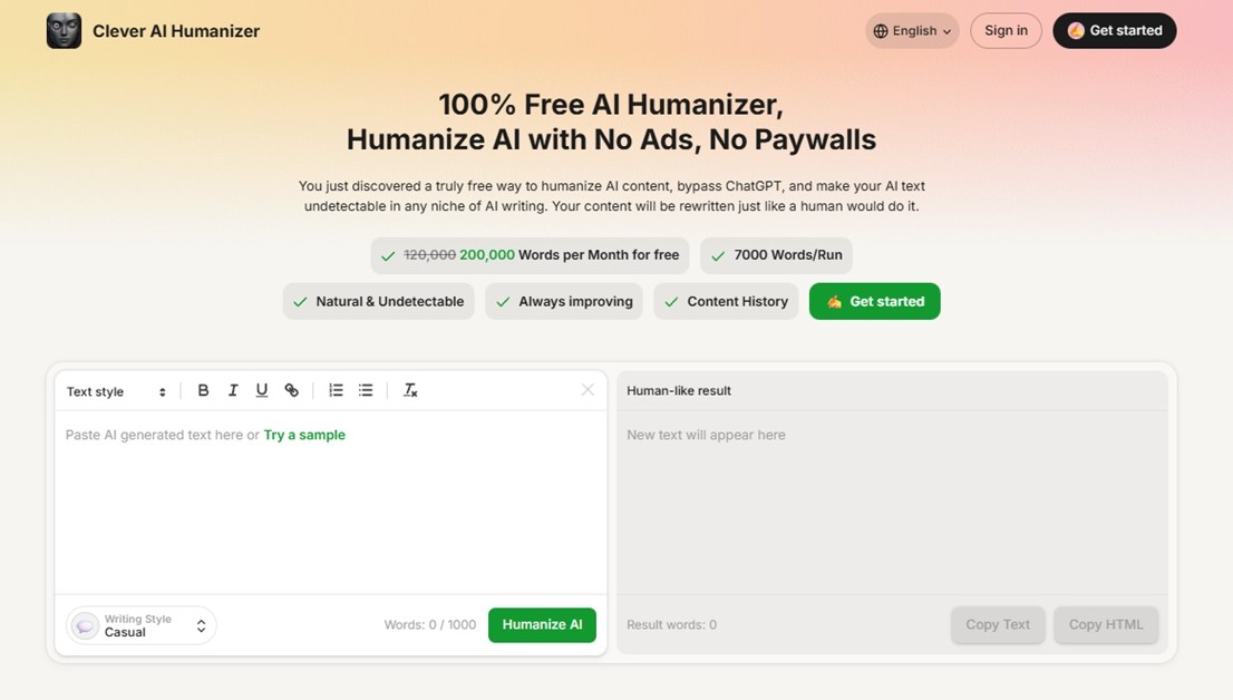 Clever AI Humanizer Interface with Input and Humanized Output Panels