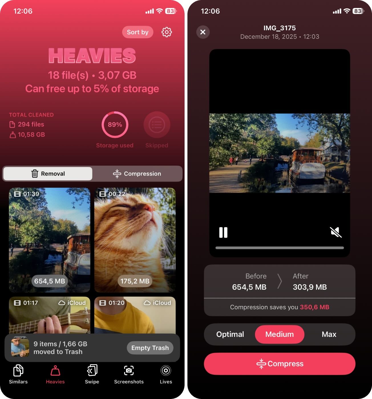 Delete or compress big videos