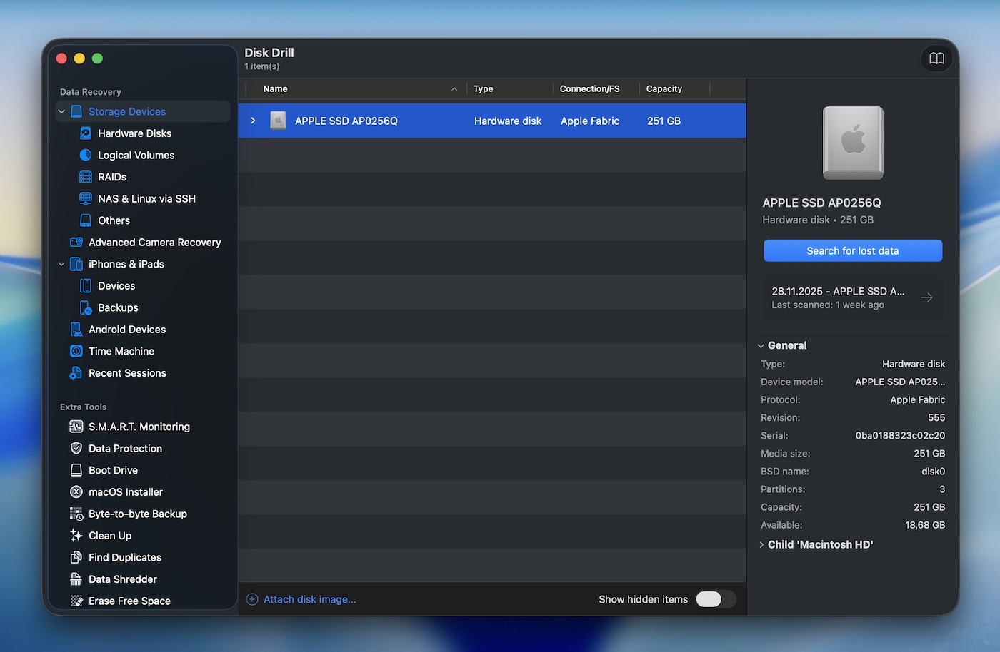 Disk Drill main window showing available drives on Mac