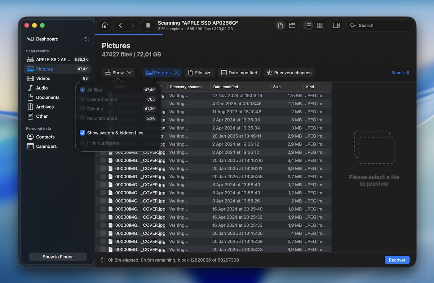 Disk Drill quick filters and view options for narrowing scan results