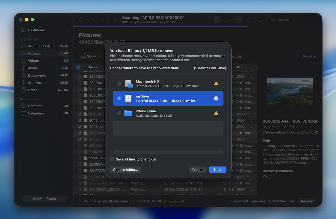 Choosing a recovery destination folder in Disk Drill on Mac