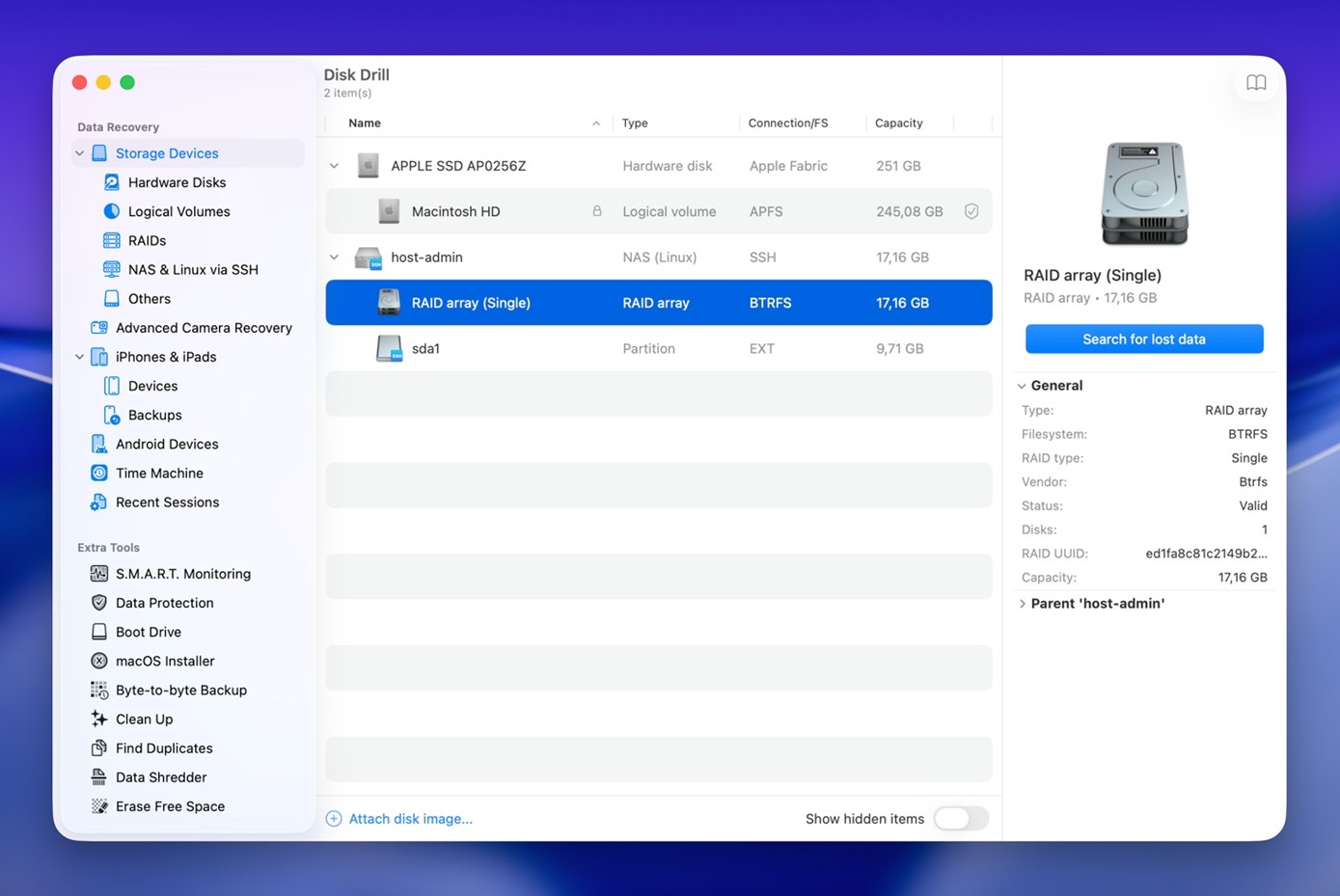 Click Search for lost data