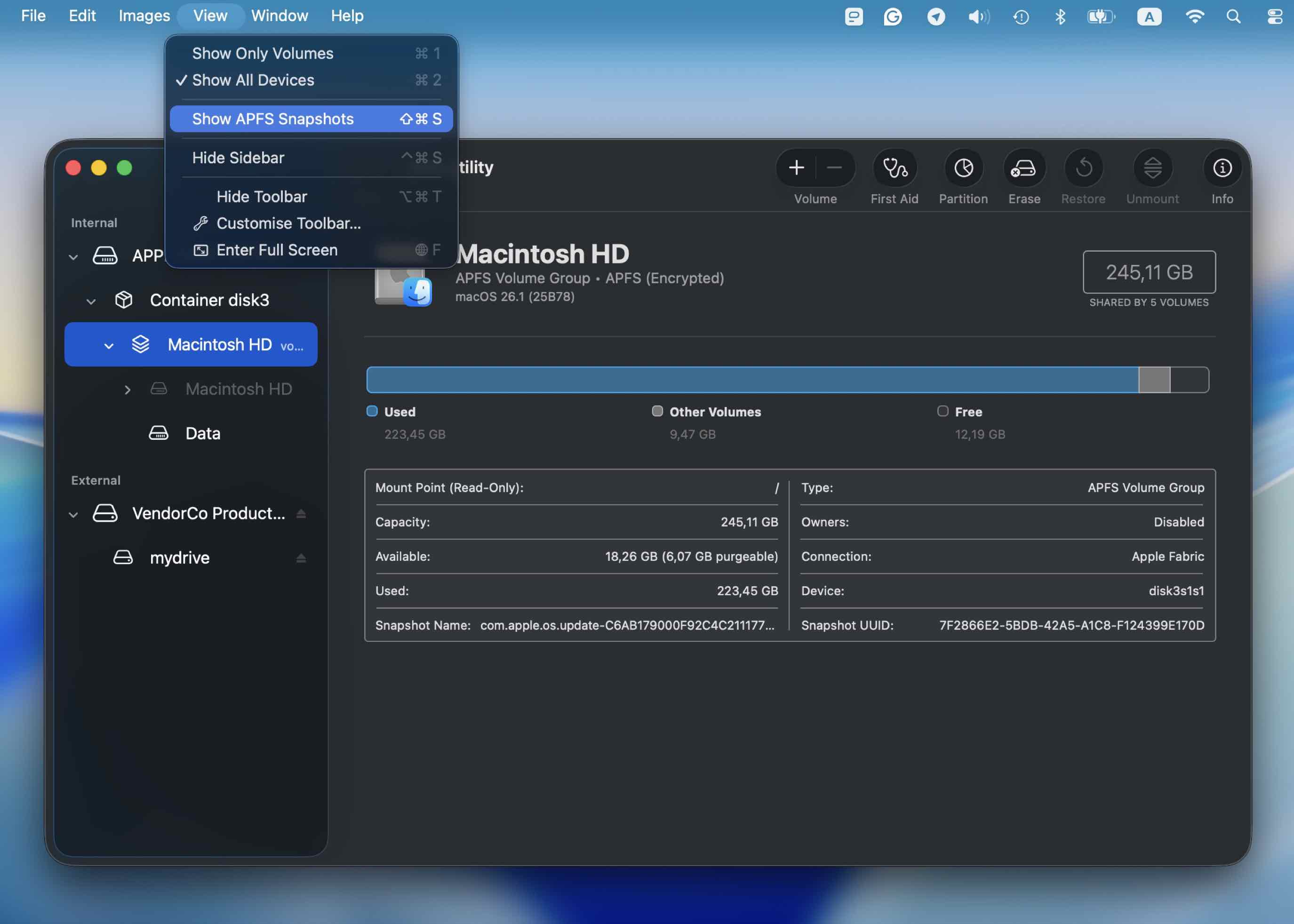 Show APFS Snapshots option in Disk Utility