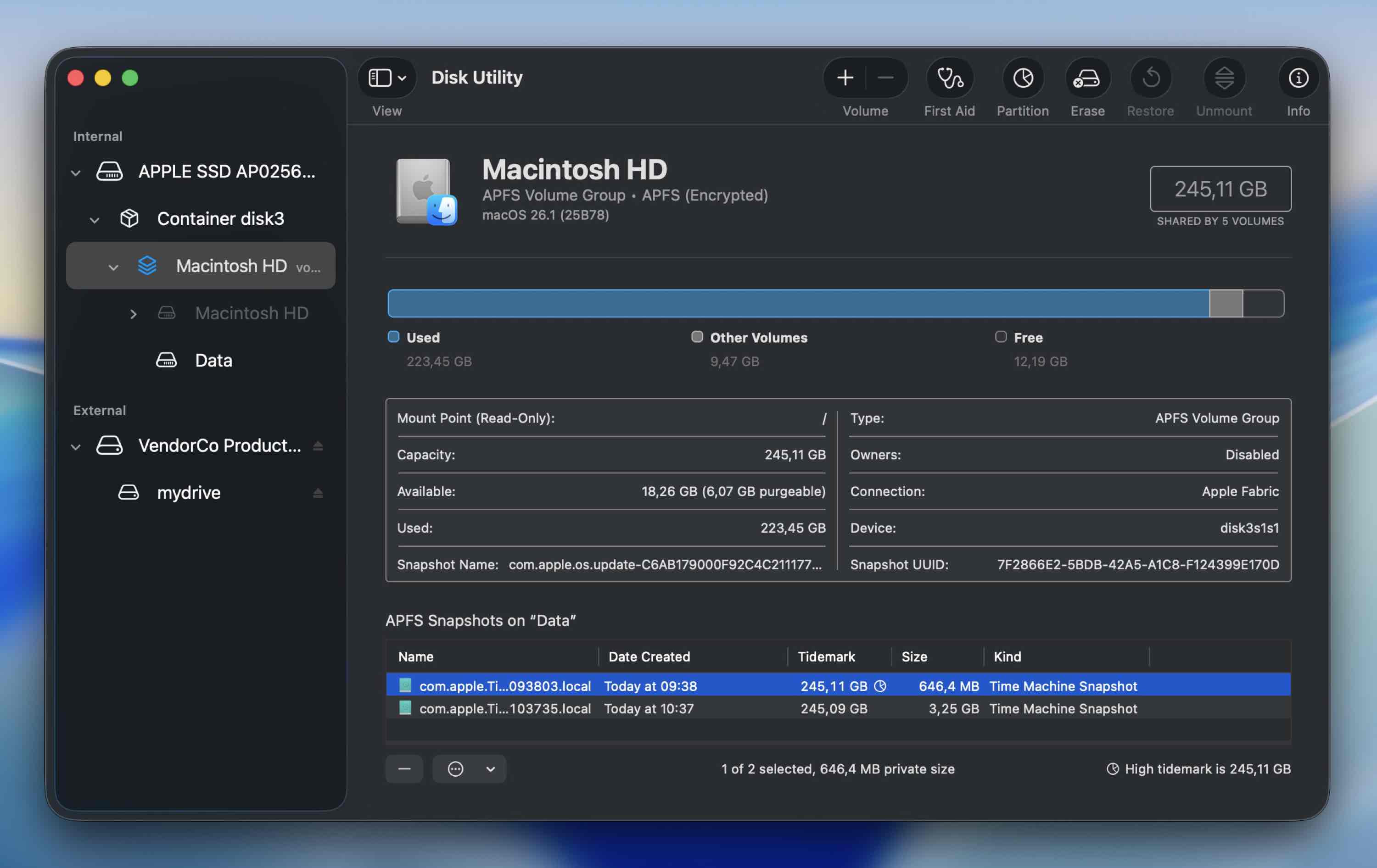 APFS snapshots list with timestamps in Disk Utility