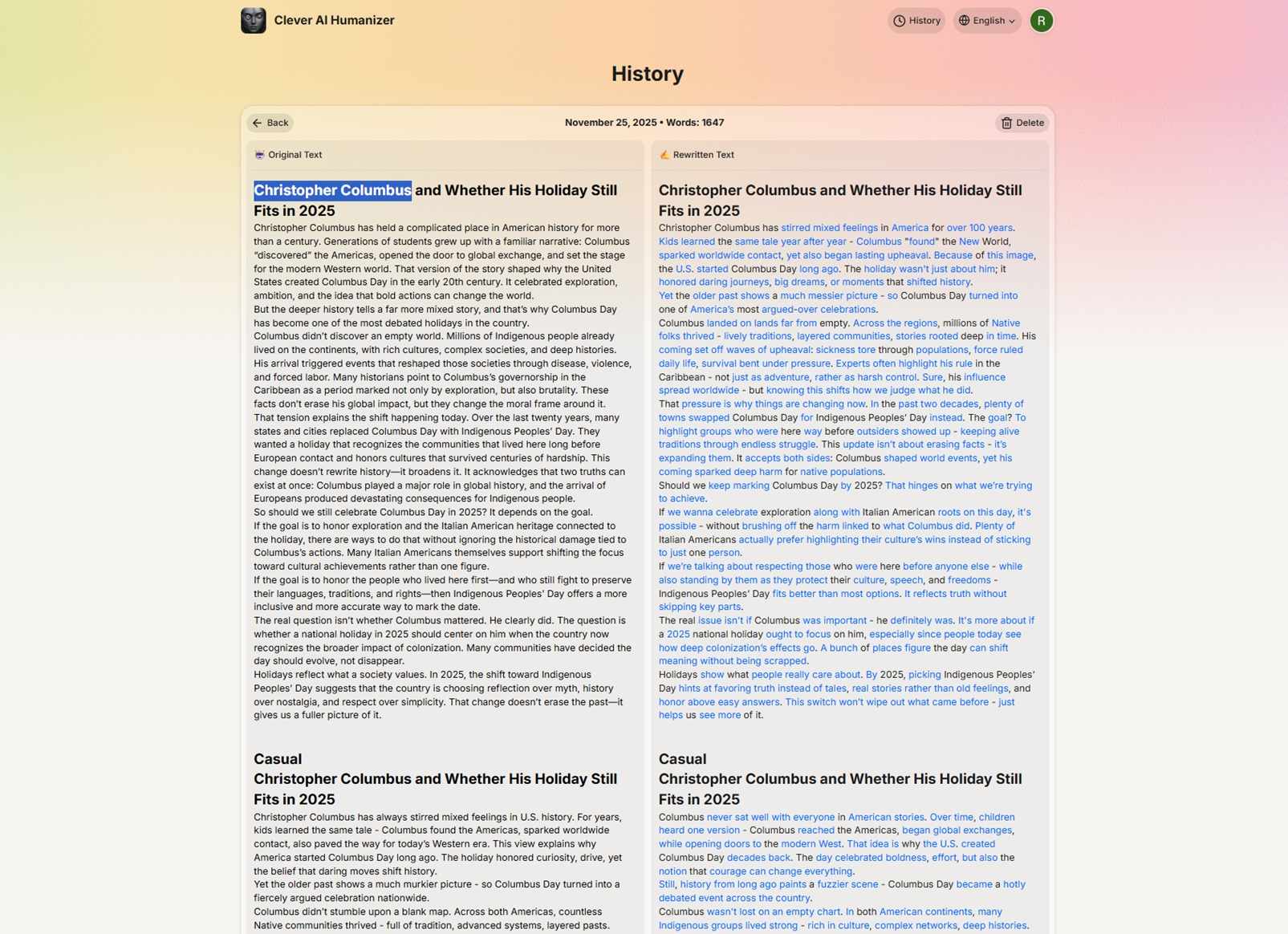 Content History in Clever AI Humanizer Showing Previous Rewrites