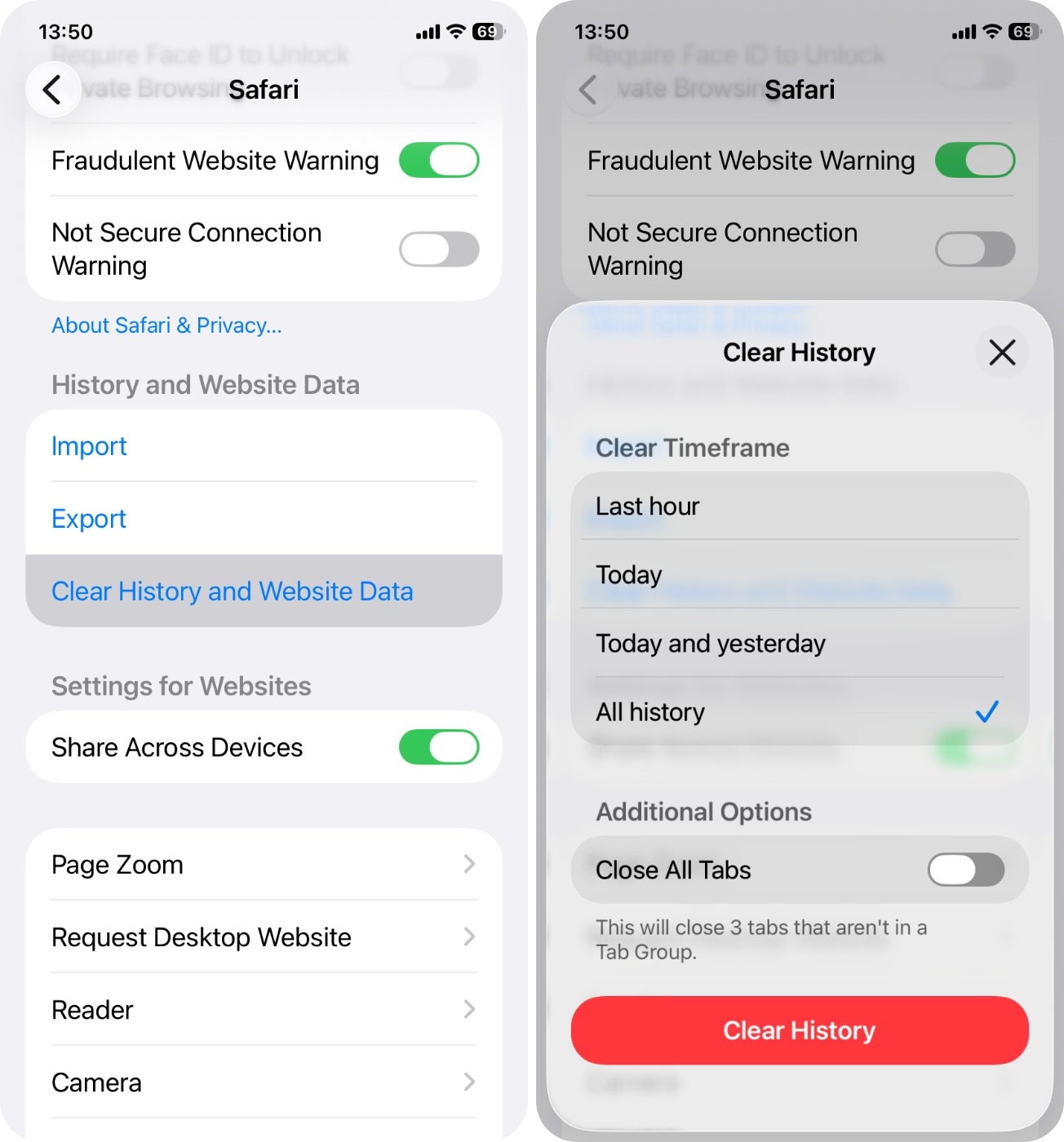 Tap Clear History and Data