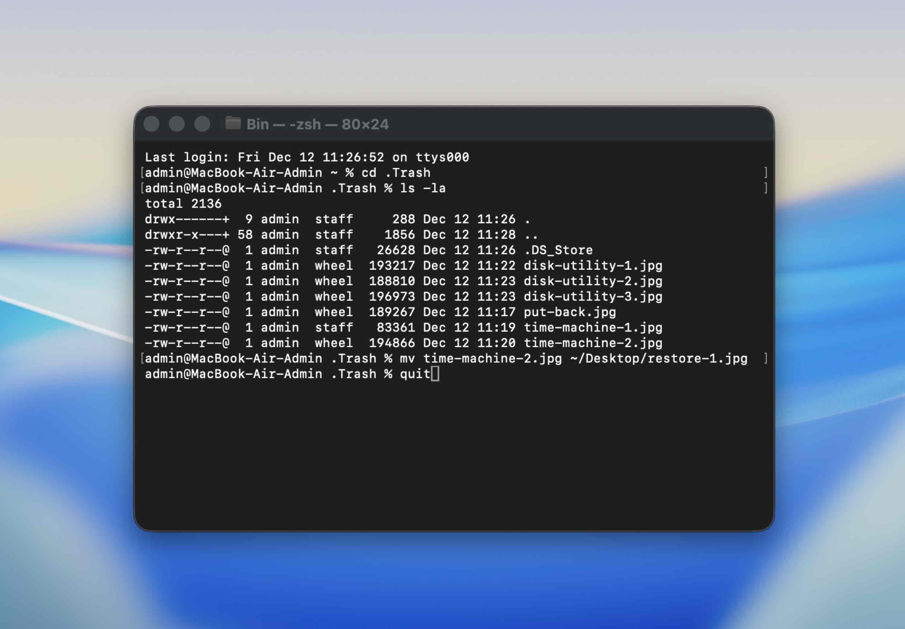 Terminal app window on macOS used for Trash recovery commands
