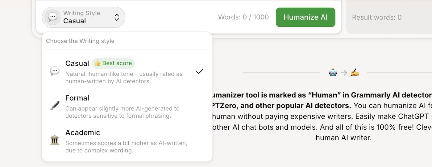 Writing Styles Toolbar in Clever AI Humanizer