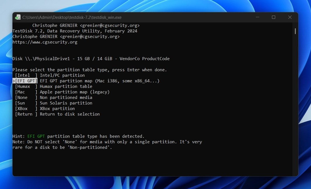 TestDisk user interface.