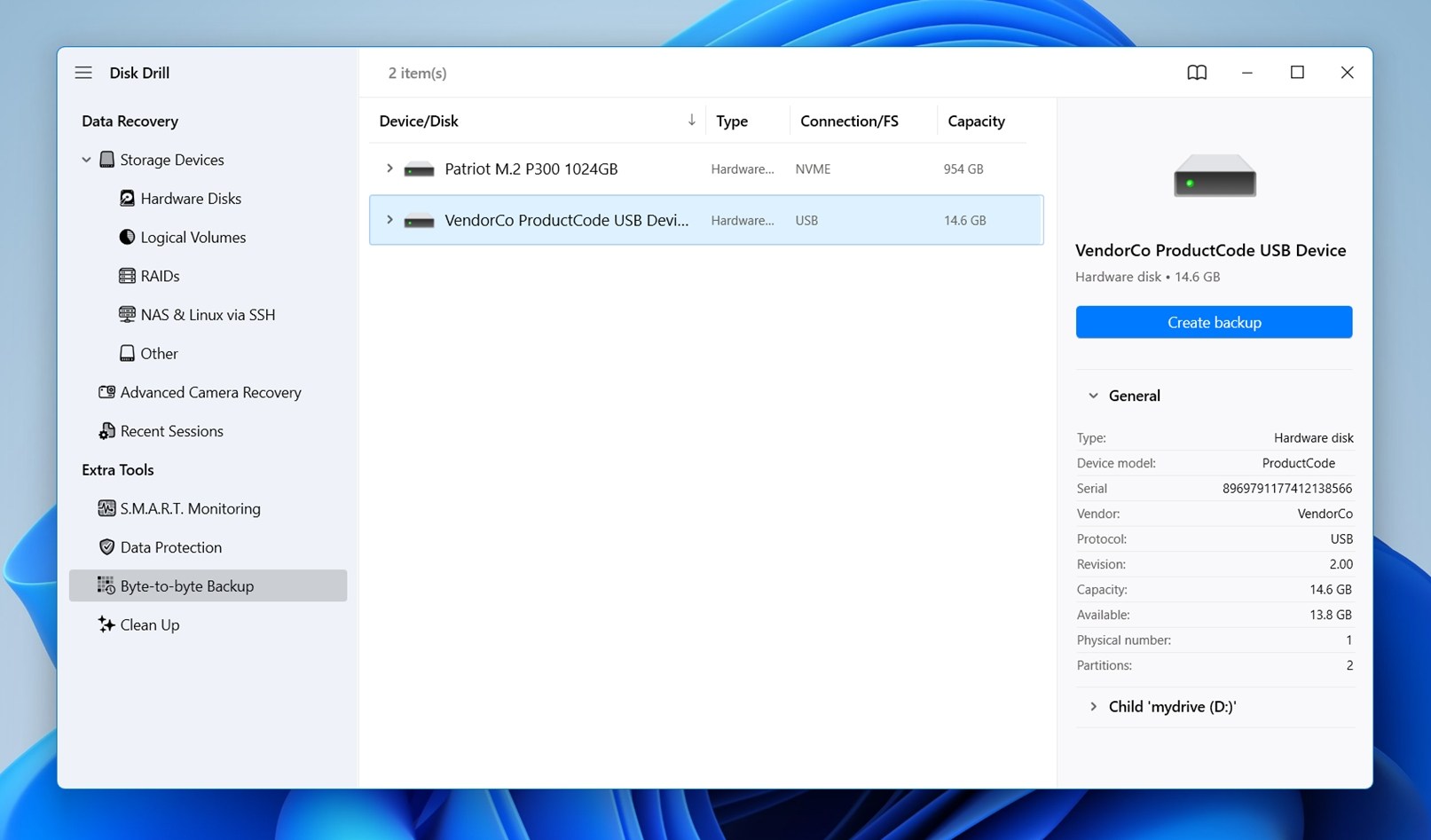 Byte-to-Byte Backup option in Disk Drill