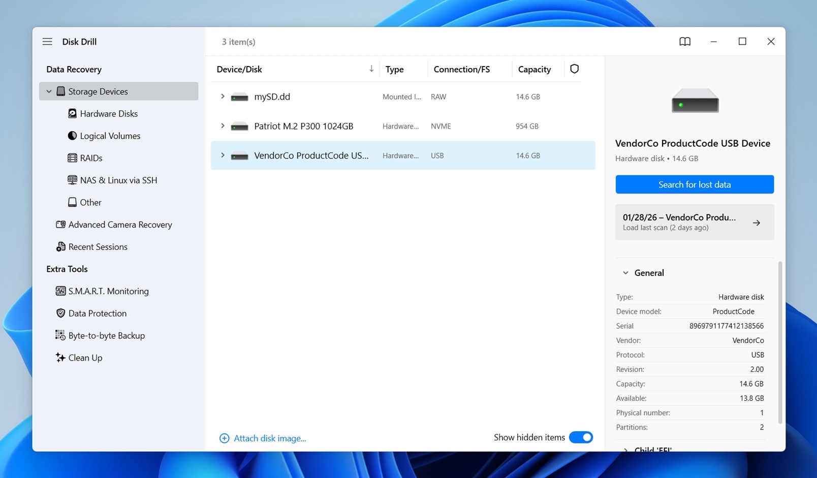 Disk Drill device list with a USB drive selected