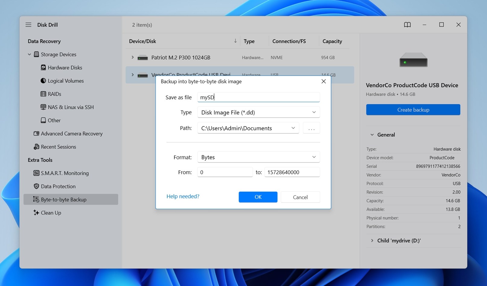Create backup button in Disk Drill