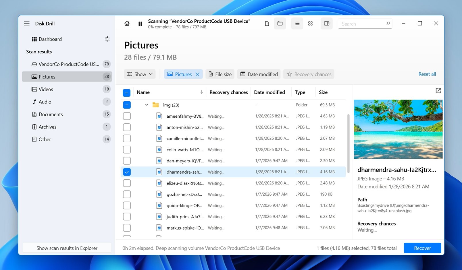 Recoverable files list with preview option in Disk Drill