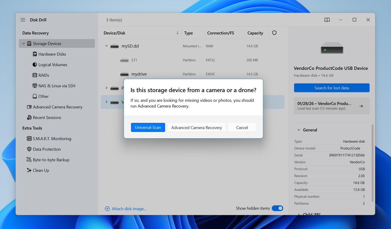 Scan button for the mounted disk image