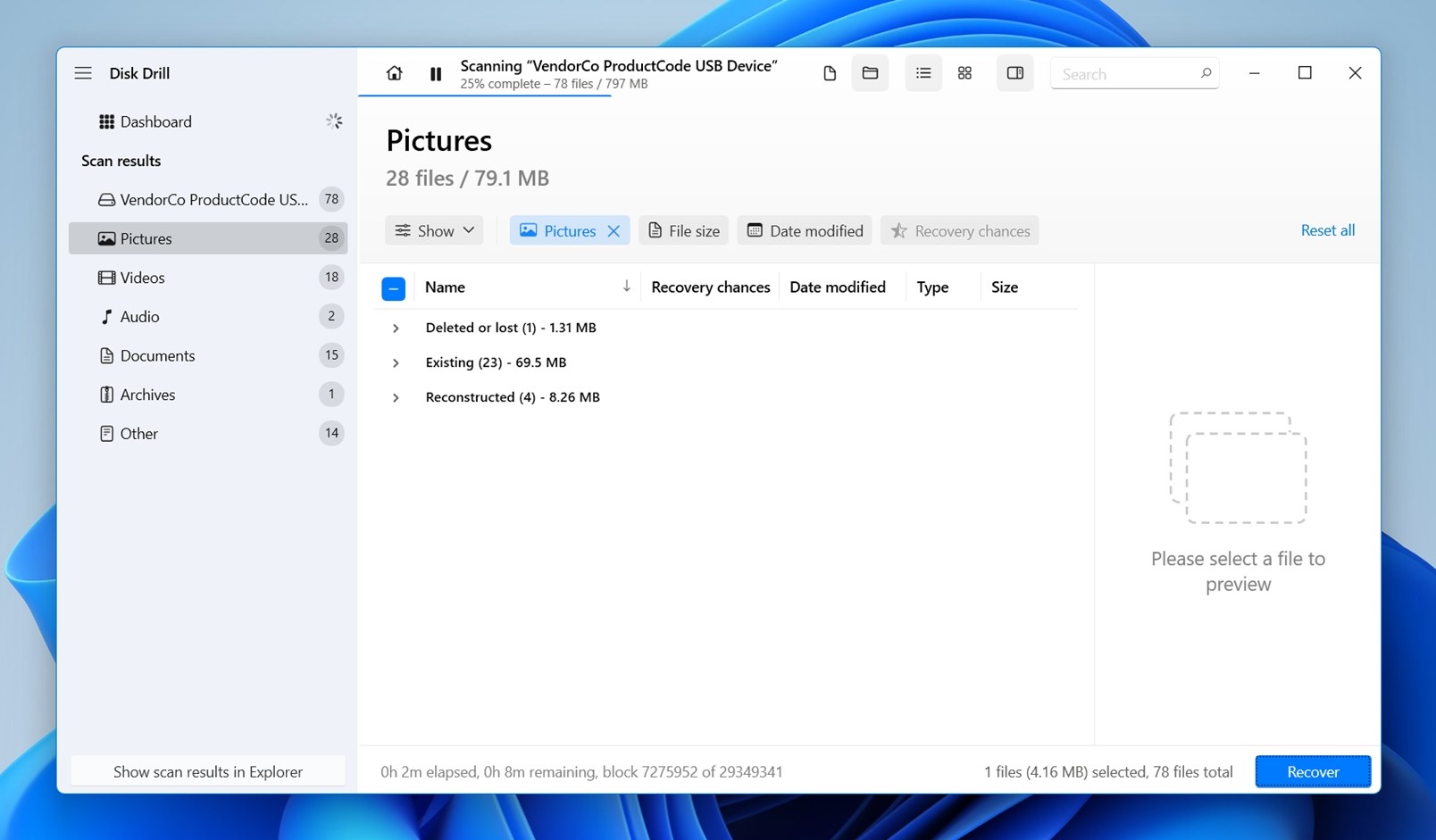 Existing and Reconstructed sections in Disk Drill