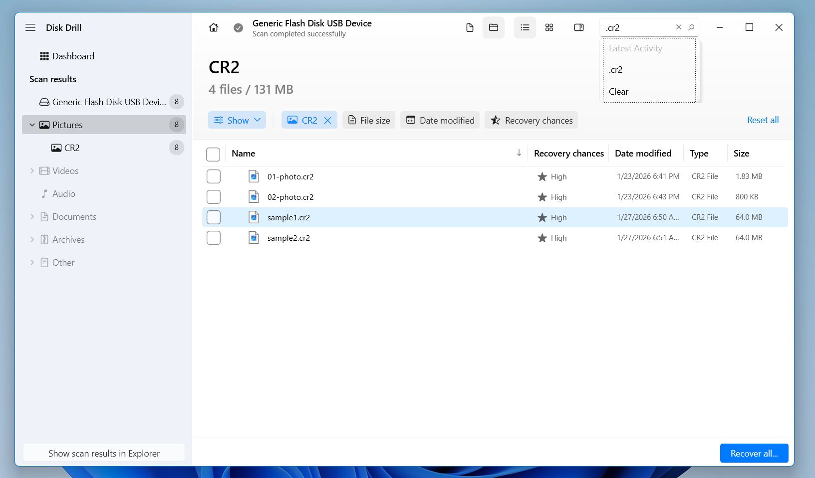 Disk Drill use filters or search