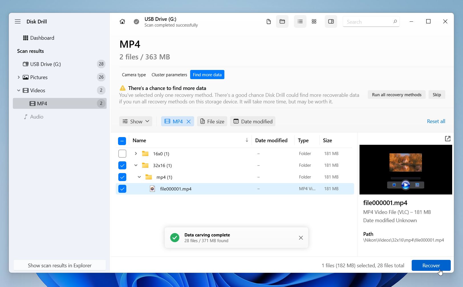 Select files and click "Recover"